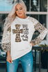 Beige Faith Corss Leopard Bishop Sleeve Pullover